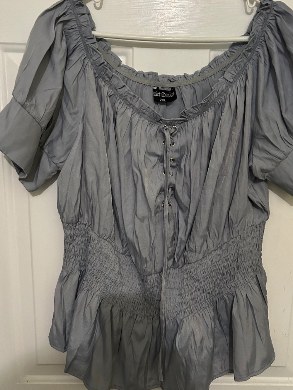 Scarlet Darkness, off the shoulder short sleeve lace up peasant top, 2XL, gray